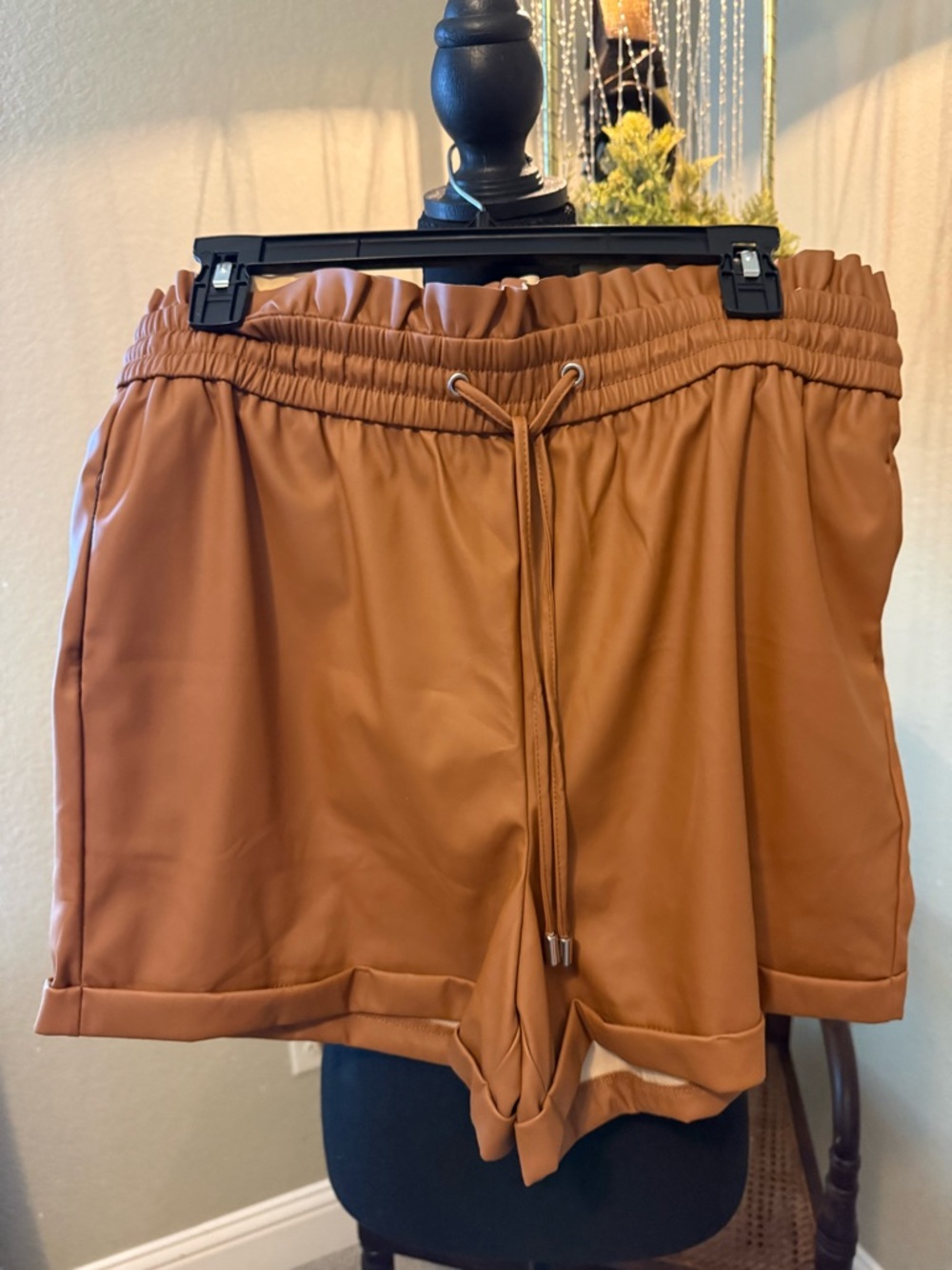 Zenana Outfitters Faux Leather High-Waist Drawstring Shorts - Cinnamon